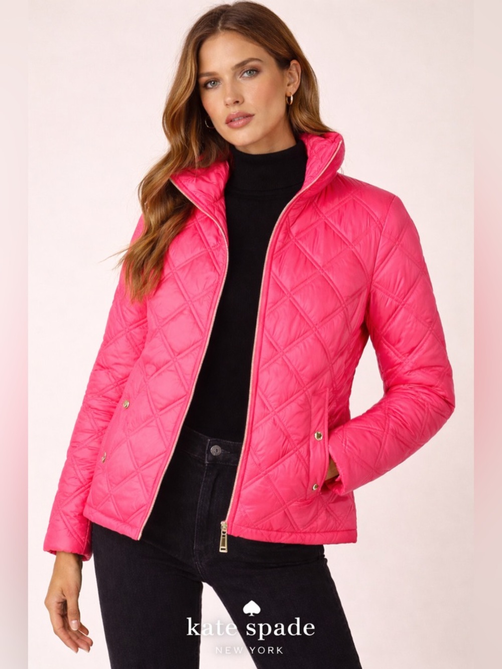 kate spade Quilted Bright Red Diamond Puffer Jacket with Hood